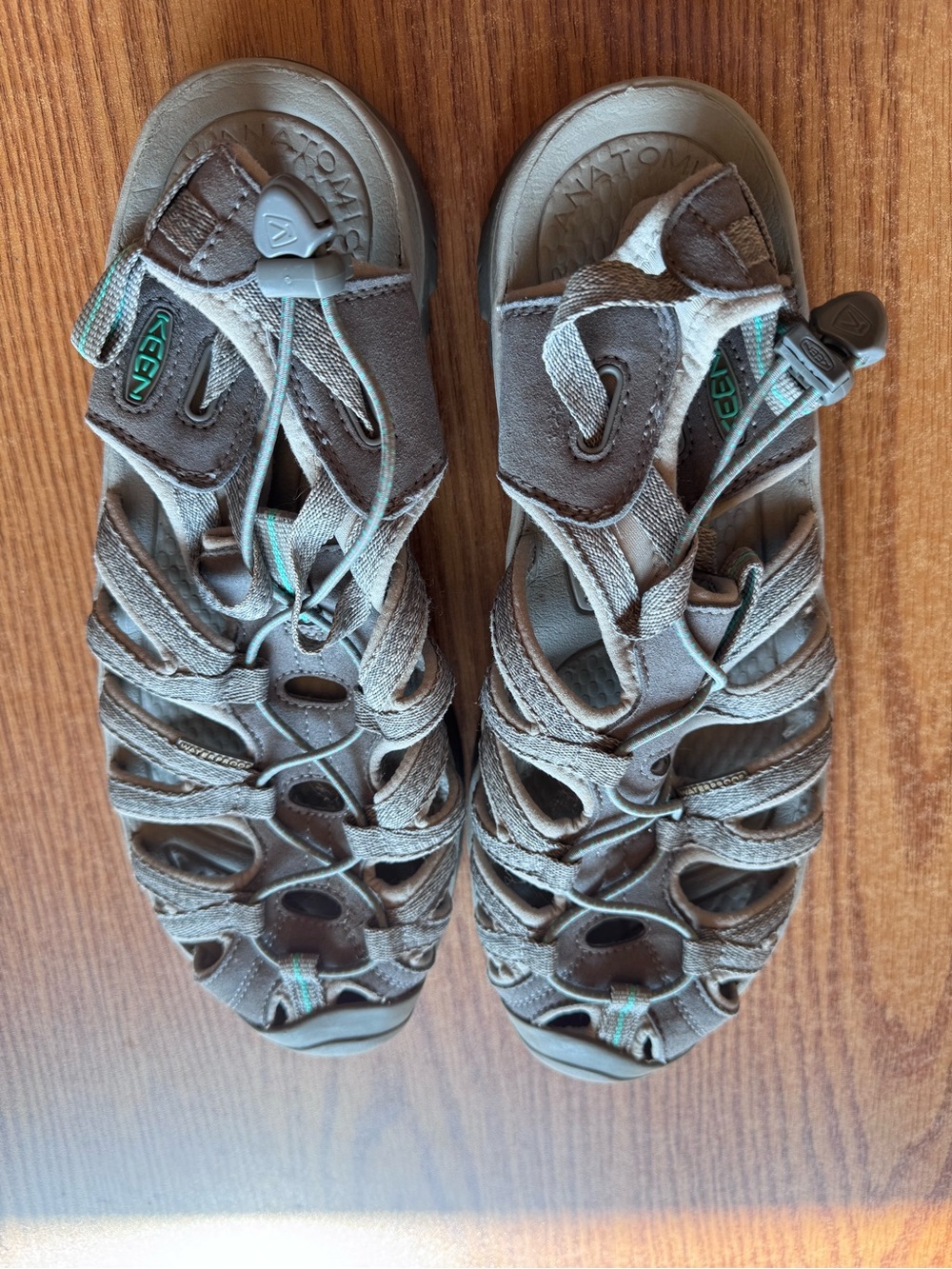 Keen Women's Brown Gray Strappy Outdoor Sandals with Teal Accents